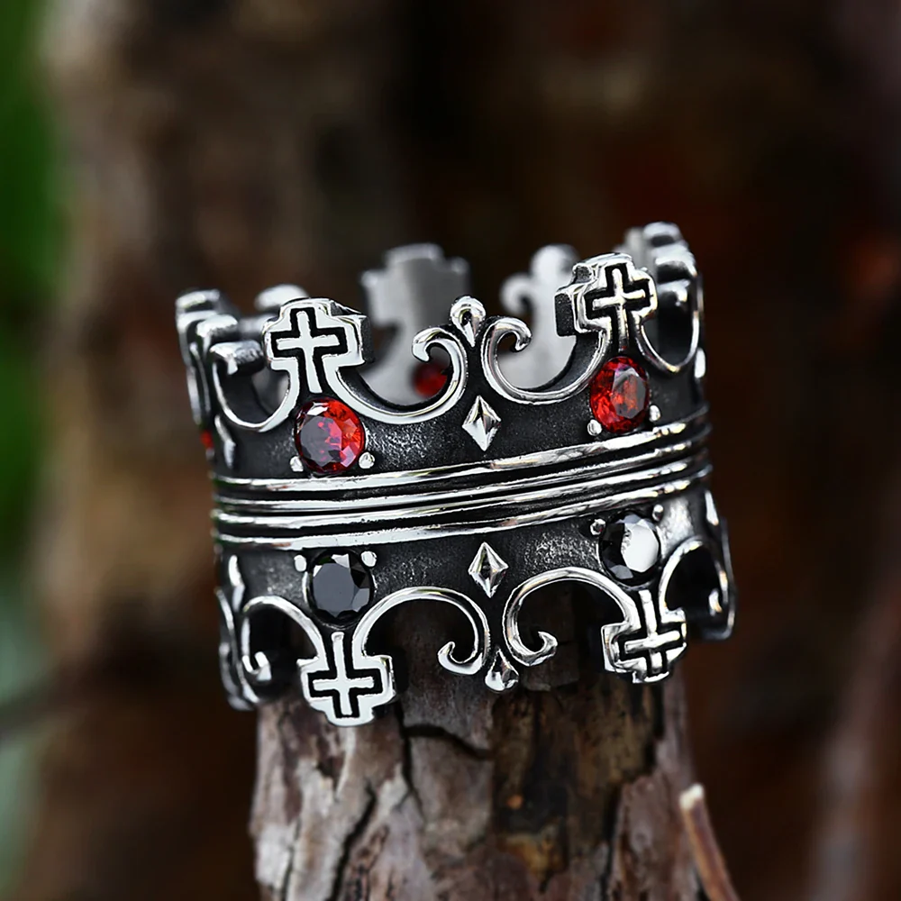 Bague Couronne Gothique - Pierres Rouges - Image 5