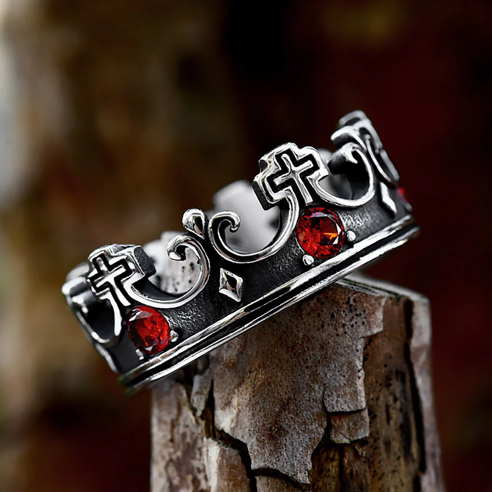 Bague Couronne Gothique - Pierres Rouges - Image 6