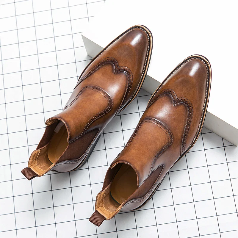 Bottines Chelsea, Brogue Gentleman pour Homme - Slip-On Cuir Patiné, 3 Coloris - Image 12