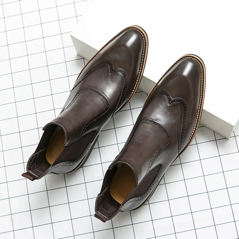 Bottines Chelsea, Brogue Gentleman pour Homme - Slip-On Cuir Patiné, 3 Coloris - Image 14