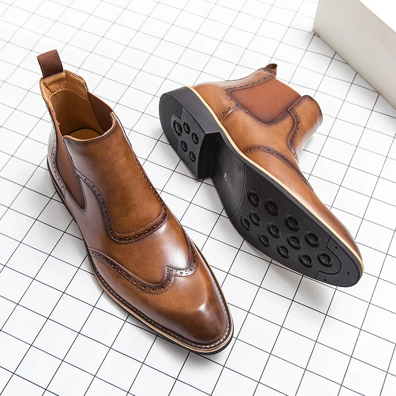 Bottines Chelsea, Brogue Gentleman pour Homme - Slip-On Cuir Patiné, 3 Coloris - Image 16