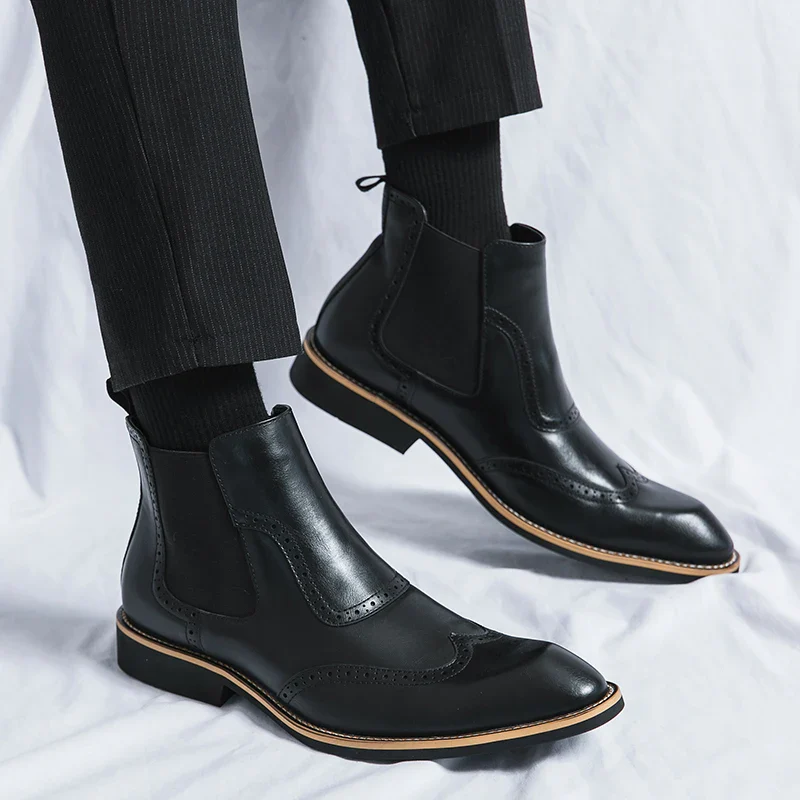 Bottines Chelsea, Brogue Gentleman pour Homme - Slip-On Cuir Patiné, 3 Coloris - Image 18