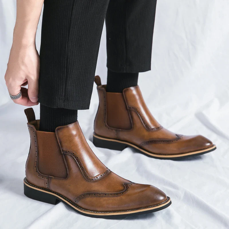 Bottines Chelsea, Brogue Gentleman pour Homme - Slip-On Cuir Patiné, 3 Coloris - Image 25