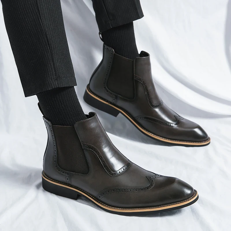Bottines Chelsea, Brogue Gentleman pour Homme - Slip-On Cuir Patiné, 3 Coloris - Image 4