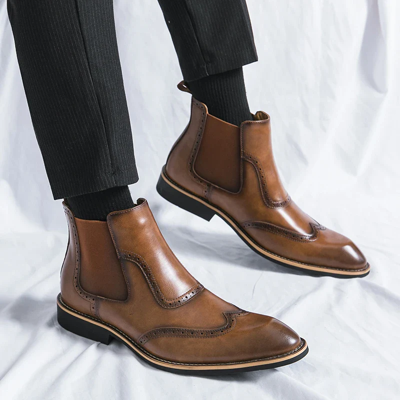 Bottines Chelsea, Brogue Gentleman pour Homme - Slip-On Cuir Patiné, 3 Coloris - Image 5