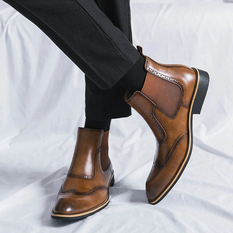 Bottines Chelsea, Brogue Gentleman pour Homme - Slip-On Cuir Patiné, 3 Coloris - Image 6