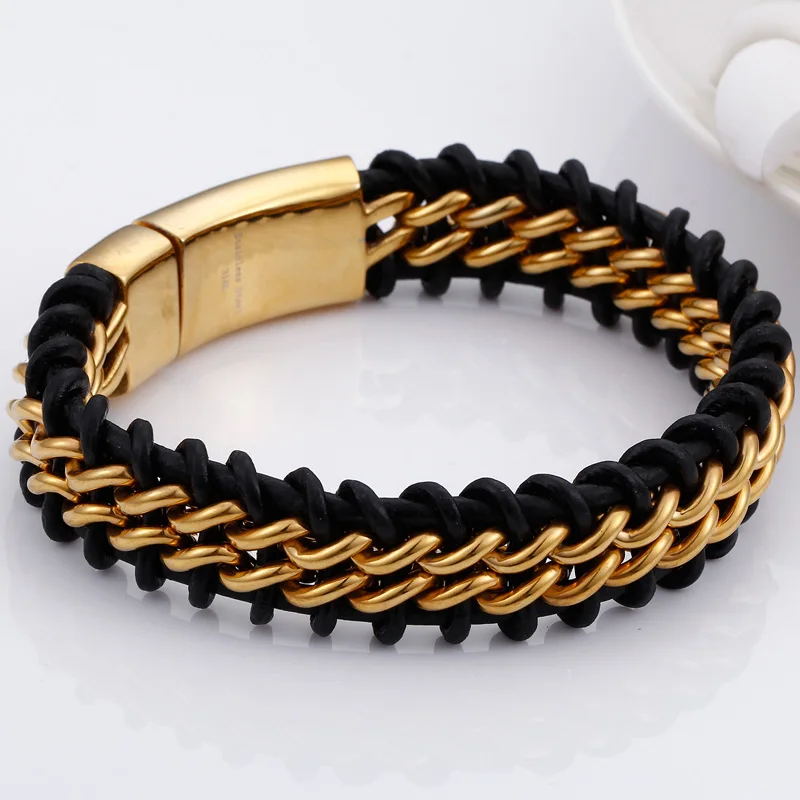 Bracelet Nordic Style Steampunk — Cuir Noir Tressé et Chaîne Acier Doré