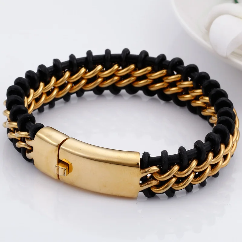 Bracelet Nordic Style Steampunk — Cuir Noir Tressé et Chaîne Acier Doré - Image 2
