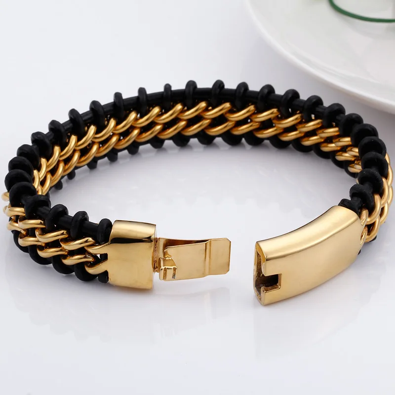 Bracelet Nordic Style Steampunk — Cuir Noir Tressé et Chaîne Acier Doré - Image 3