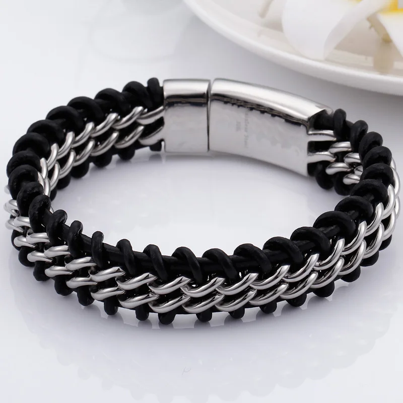 Bracelet Nordic Style Steampunk — Cuir Noir Tressé et Chaîne Acier Doré - Image 4