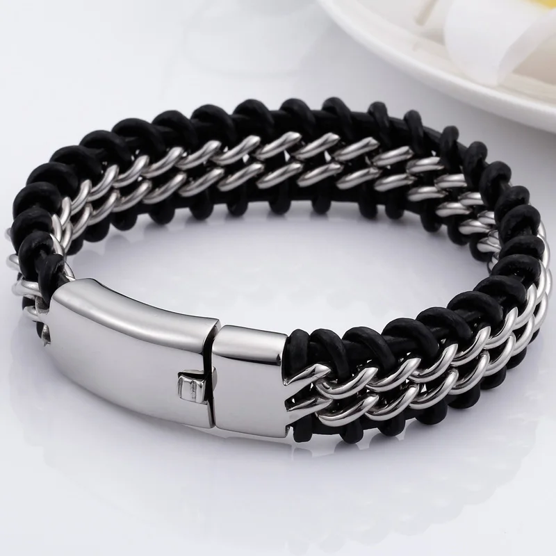 Bracelet Nordic Style Steampunk — Cuir Noir Tressé et Chaîne Acier Doré - Image 5
