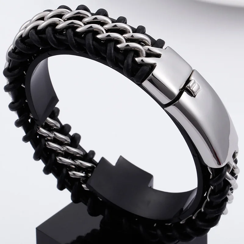 Bracelet Nordic Style Steampunk — Cuir Noir Tressé et Chaîne Acier Doré - Image 6