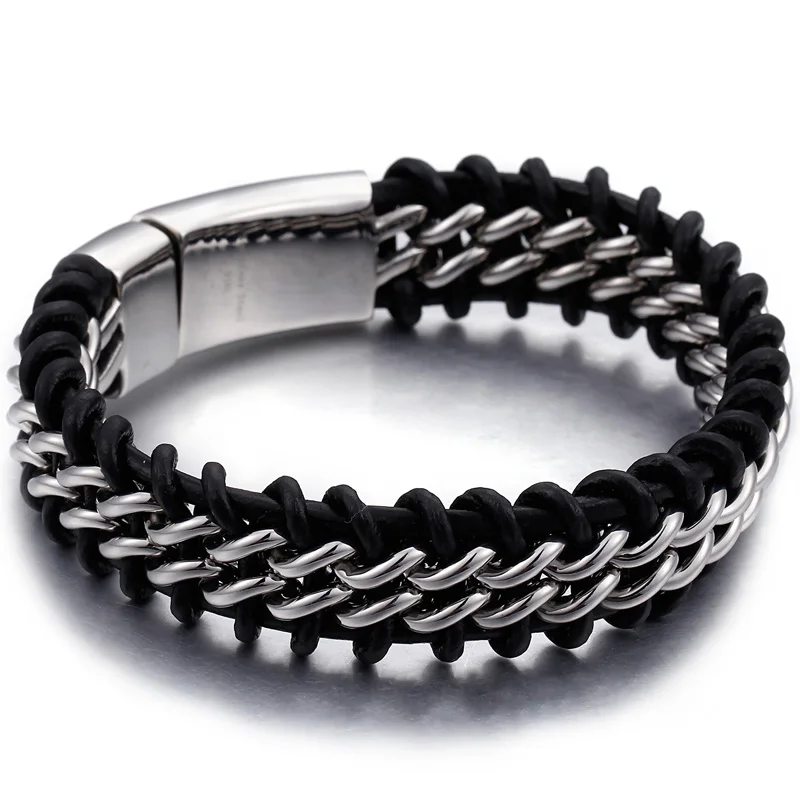 Bracelet Nordic Style Steampunk — Cuir Noir Tressé et Chaîne Acier Doré - Image 7