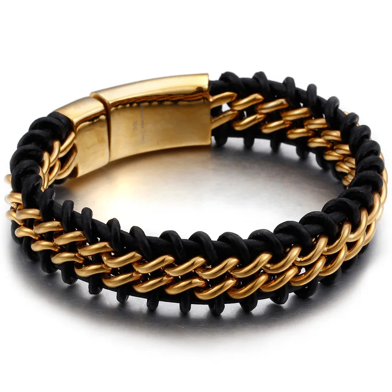 Bracelet Nordic Style Steampunk — Cuir Noir Tressé et Chaîne Acier Doré - Image 8