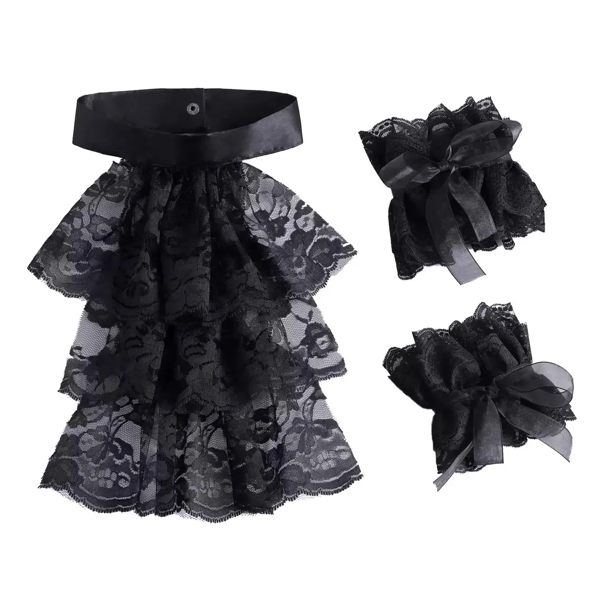 Jabot Victorien Femme avec Poignets - Dentelle Noire et Blanche - Image 19
