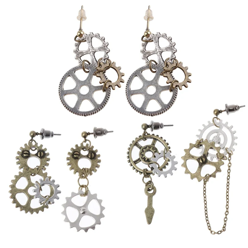 Boucles d’oreilles Steampunk Antique — Engrenages et chaîne bronze - Image 2