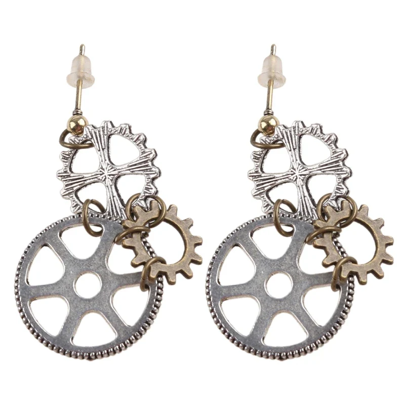 Boucles d’oreilles Steampunk Antique — Engrenages et chaîne bronze - Image 3
