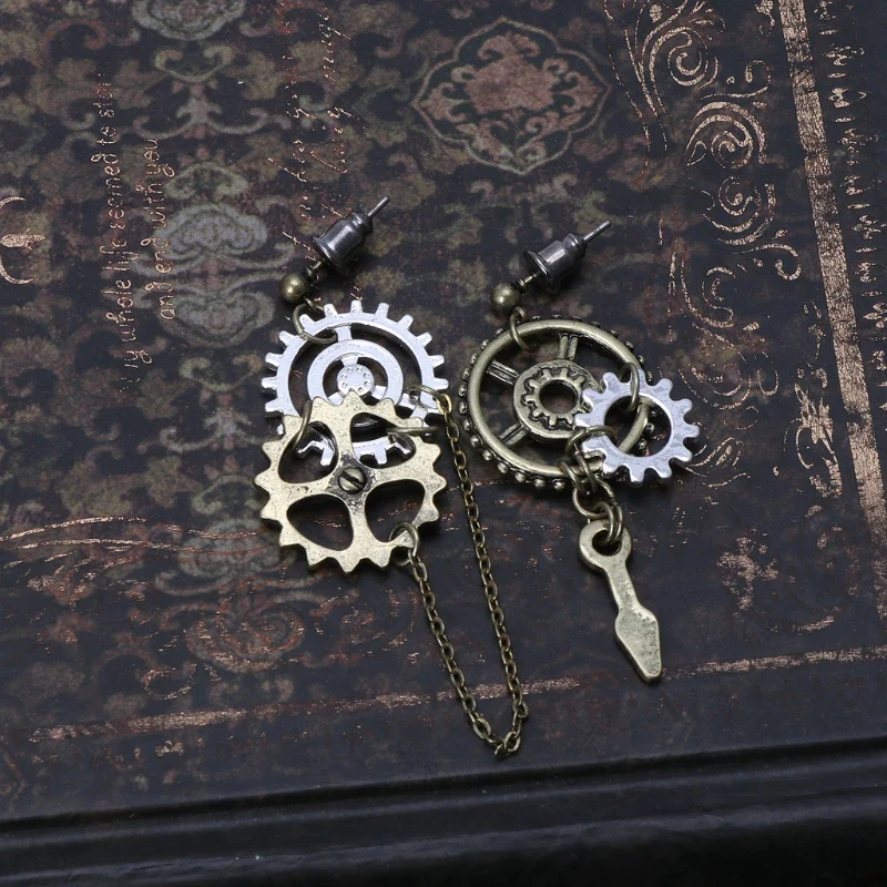 Boucles d’oreilles Steampunk Antique — Engrenages et chaîne bronze - Image 4