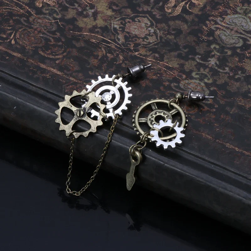 Boucles d’oreilles Steampunk Antique — Engrenages et chaîne bronze - Image 5