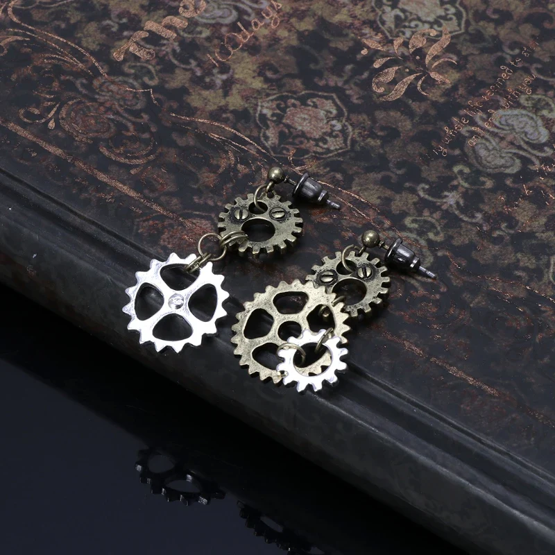 Boucles d’oreilles Steampunk Antique — Engrenages et chaîne bronze - Image 6