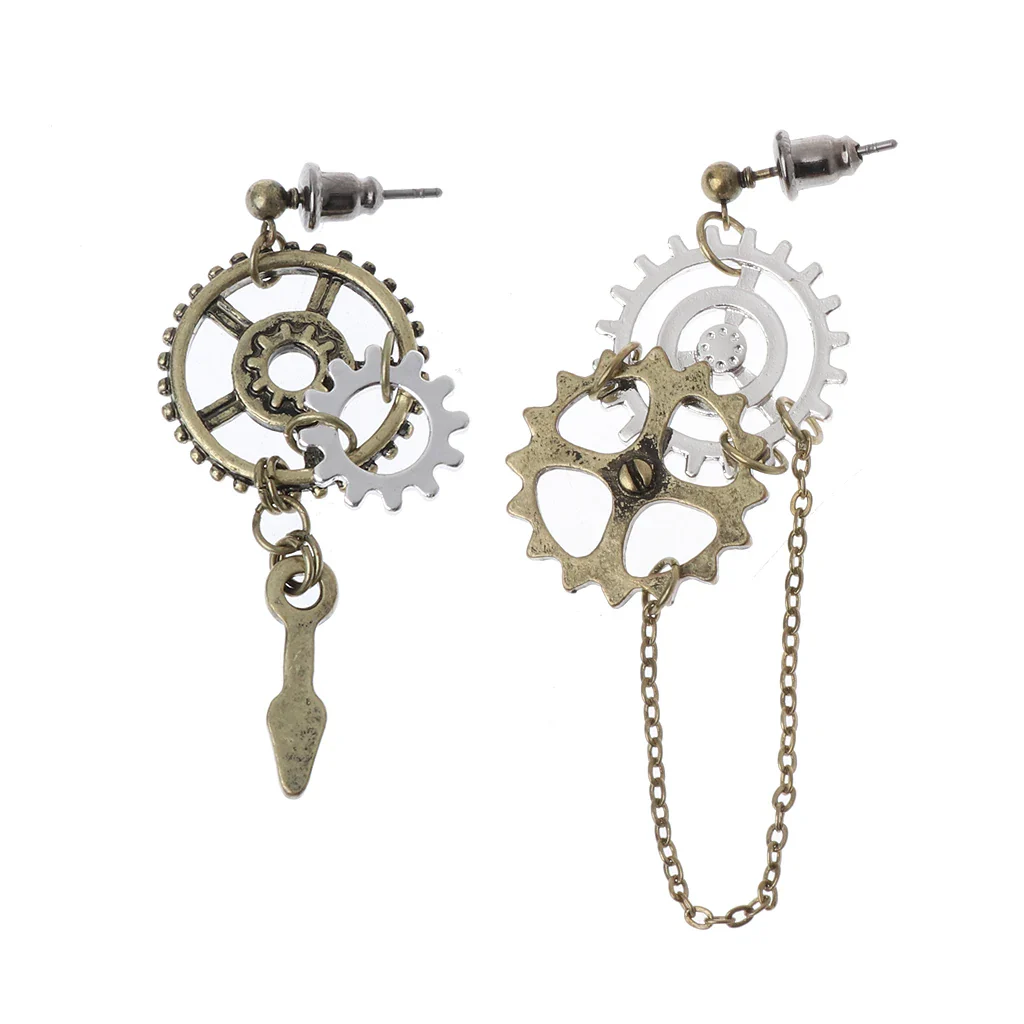 Boucles d’oreilles Steampunk Antique — Engrenages et chaîne bronze - Image 9