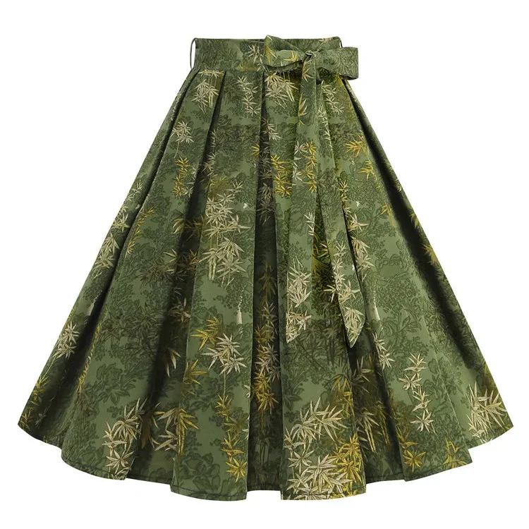 Jupe Style Victorienne Verte — imprimé botanique, plissée et ceinturée