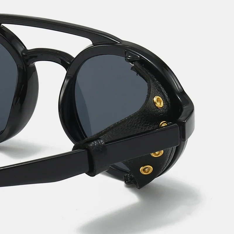 Lunettes Steampunk Cuir Riveté - Rondes Rétro - Image 3