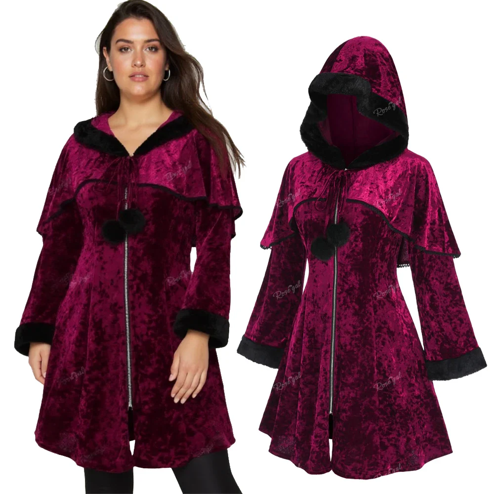 Manteau Velours Bordeaux Femme - Capuche Fourrure Pompons Witchy Grande Taille