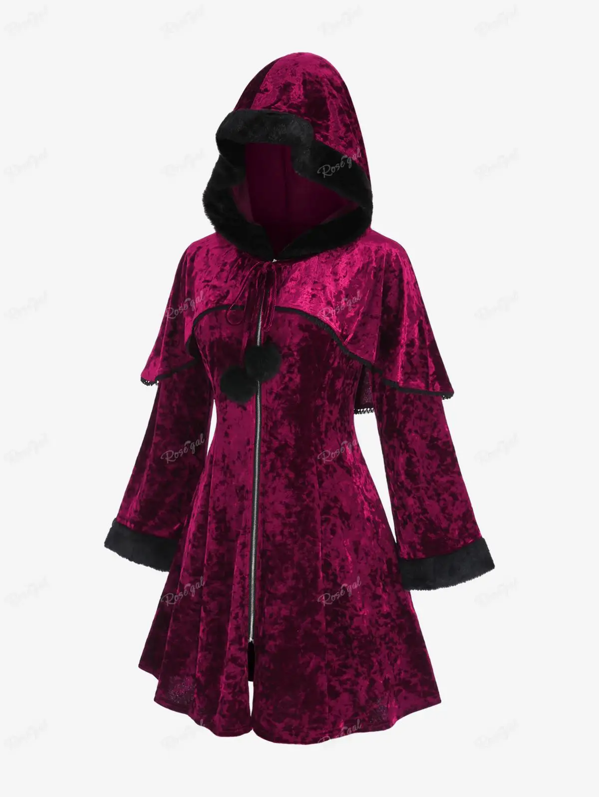 Manteau Velours Bordeaux Femme - Capuche Fourrure Pompons Witchy Grande Taille - Image 10