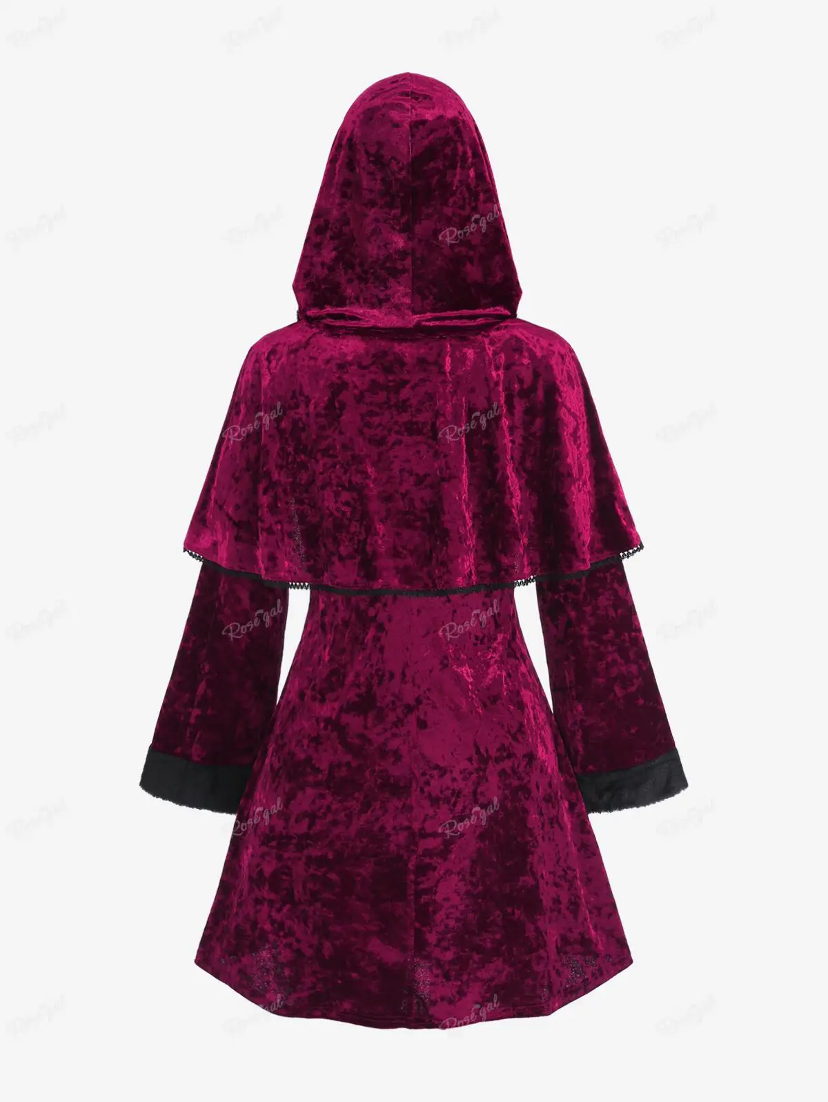 Manteau Velours Bordeaux Femme - Capuche Fourrure Pompons Witchy Grande Taille - Image 2