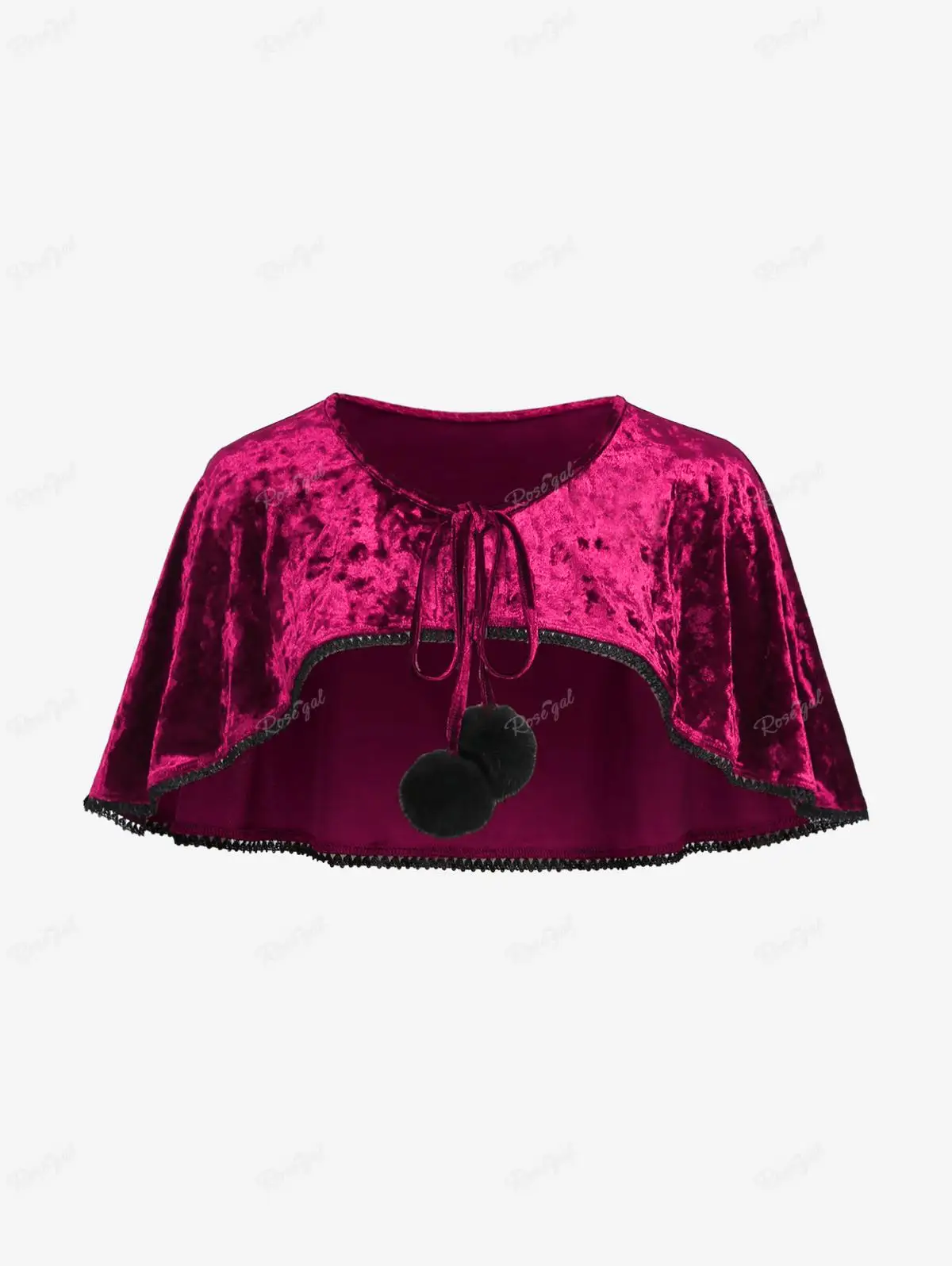 Manteau Velours Bordeaux Femme - Capuche Fourrure Pompons Witchy Grande Taille - Image 3