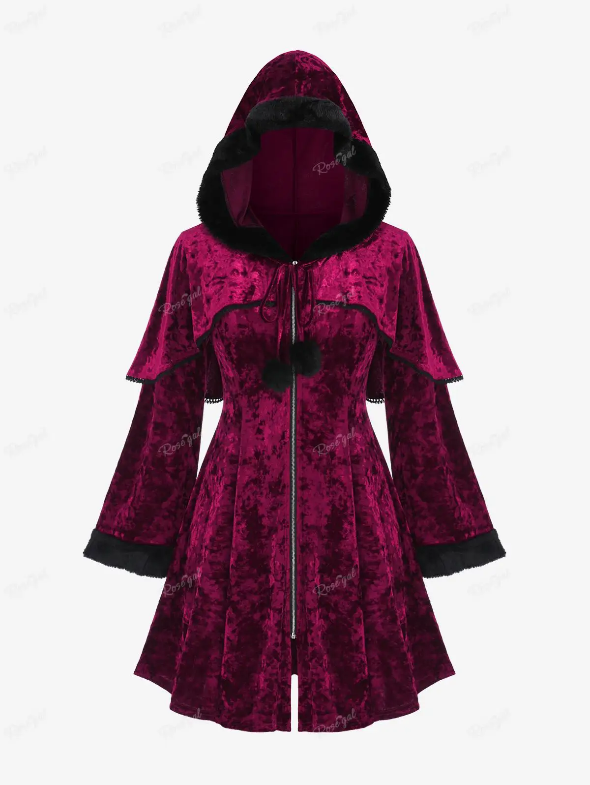Manteau Velours Bordeaux Femme - Capuche Fourrure Pompons Witchy Grande Taille - Image 6