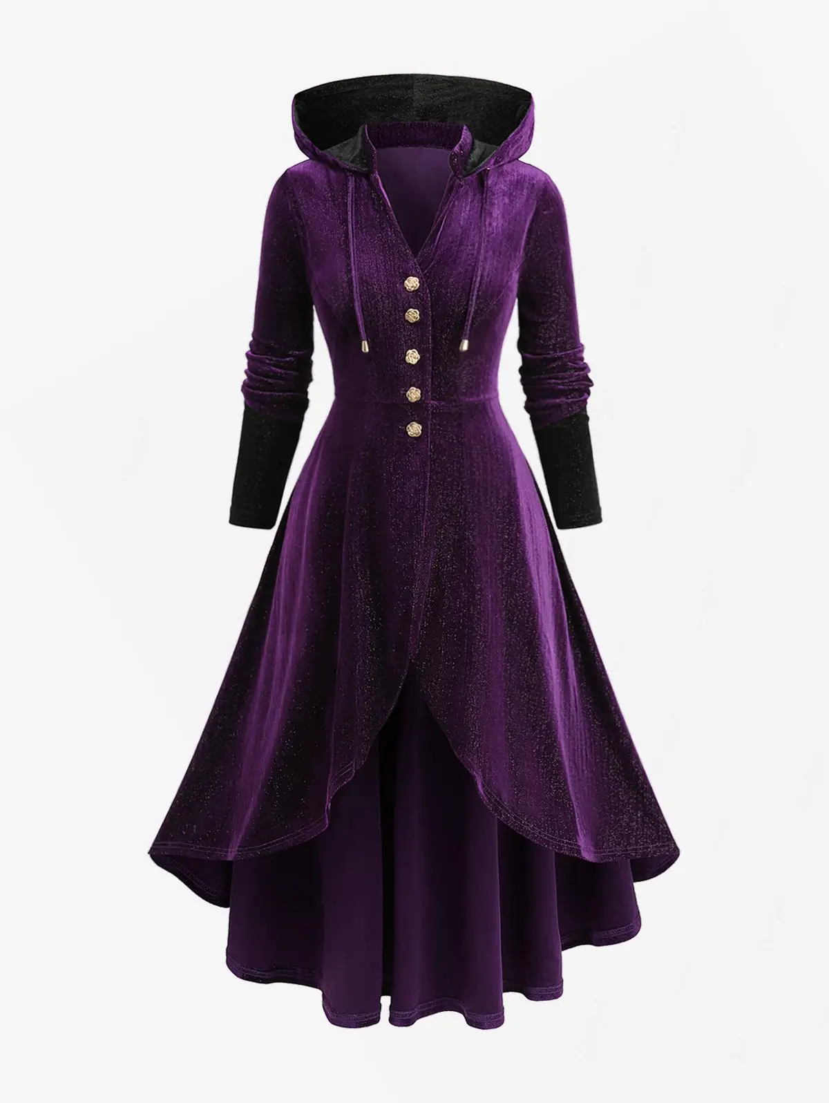 Manteau Velours Witchy Femme - Capuche Pourpre Boutons Dorés Asymétrique Grande Taille