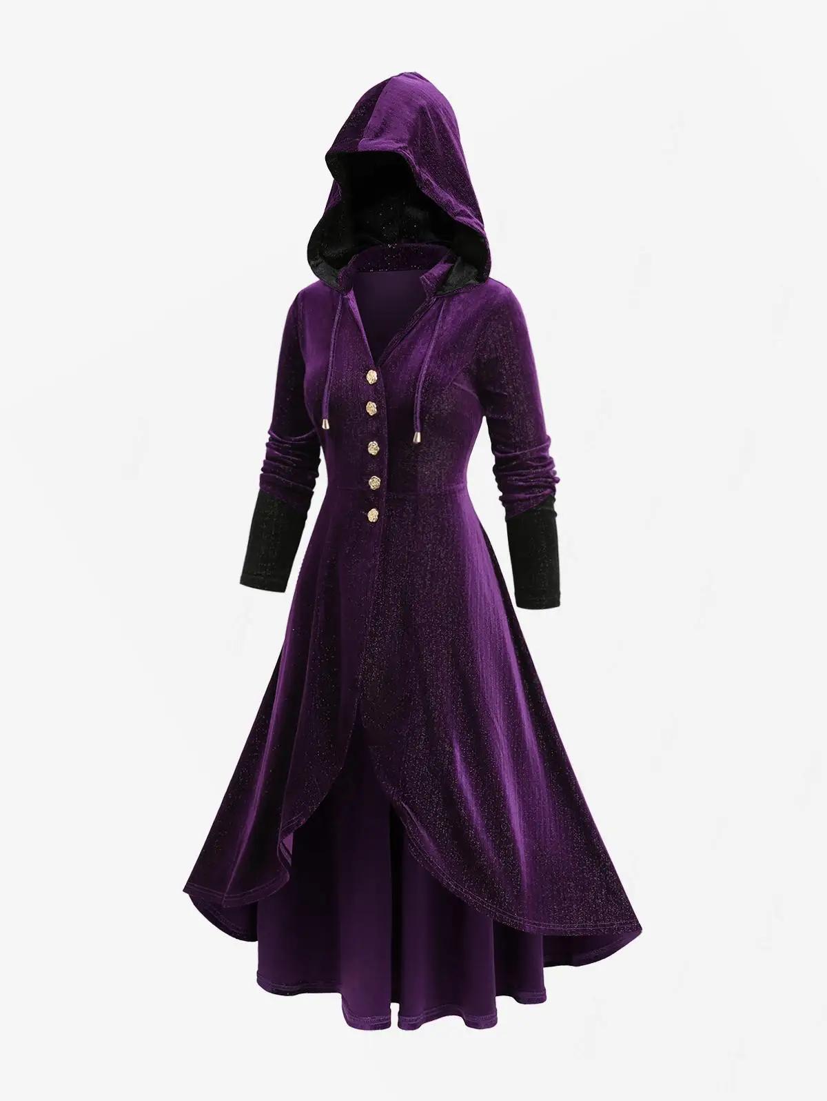 Manteau Velours Witchy Femme - Capuche Pourpre Boutons Dorés Asymétrique Grande Taille - Image 2