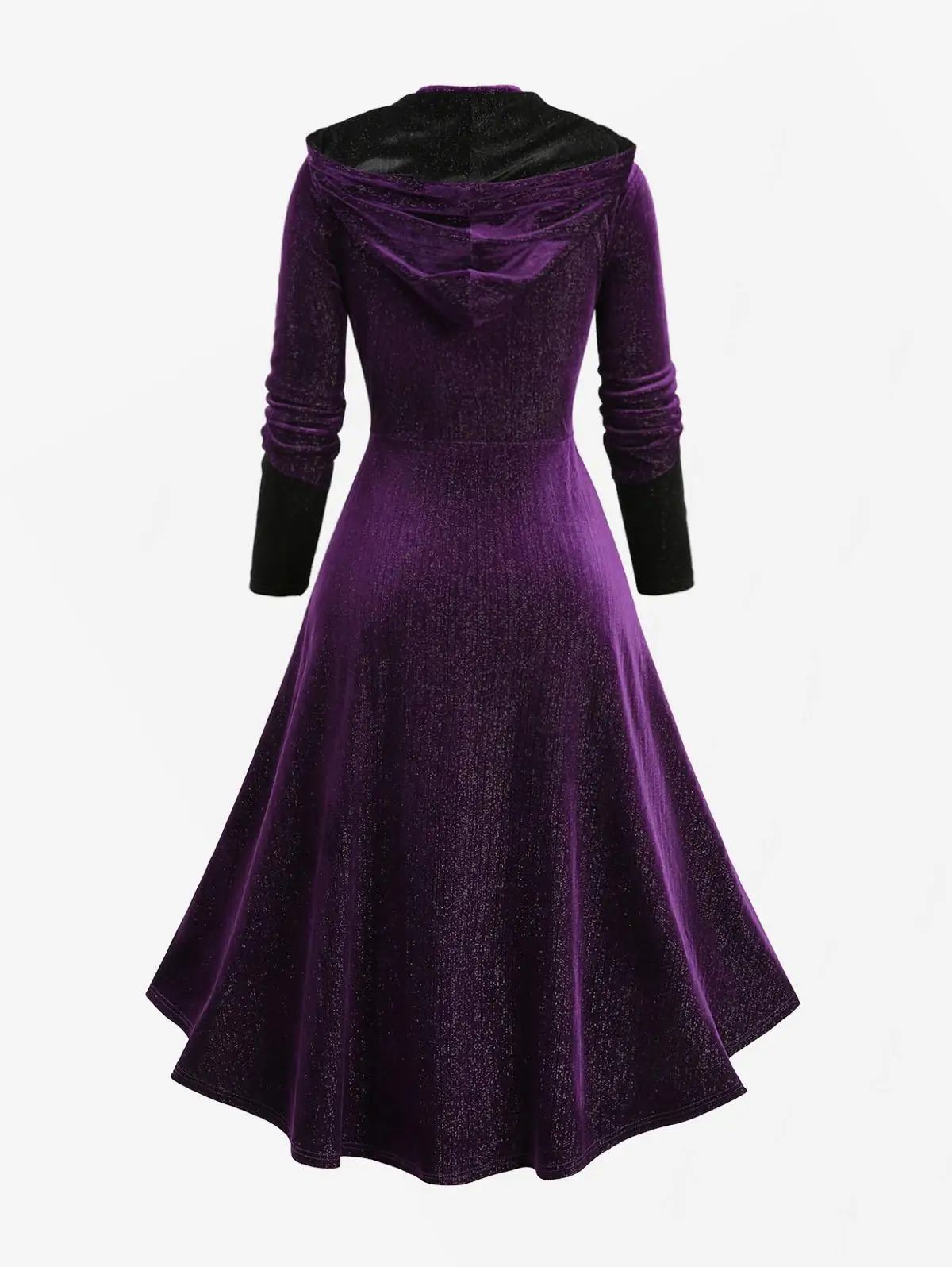 Manteau Velours Witchy Femme - Capuche Pourpre Boutons Dorés Asymétrique Grande Taille - Image 3