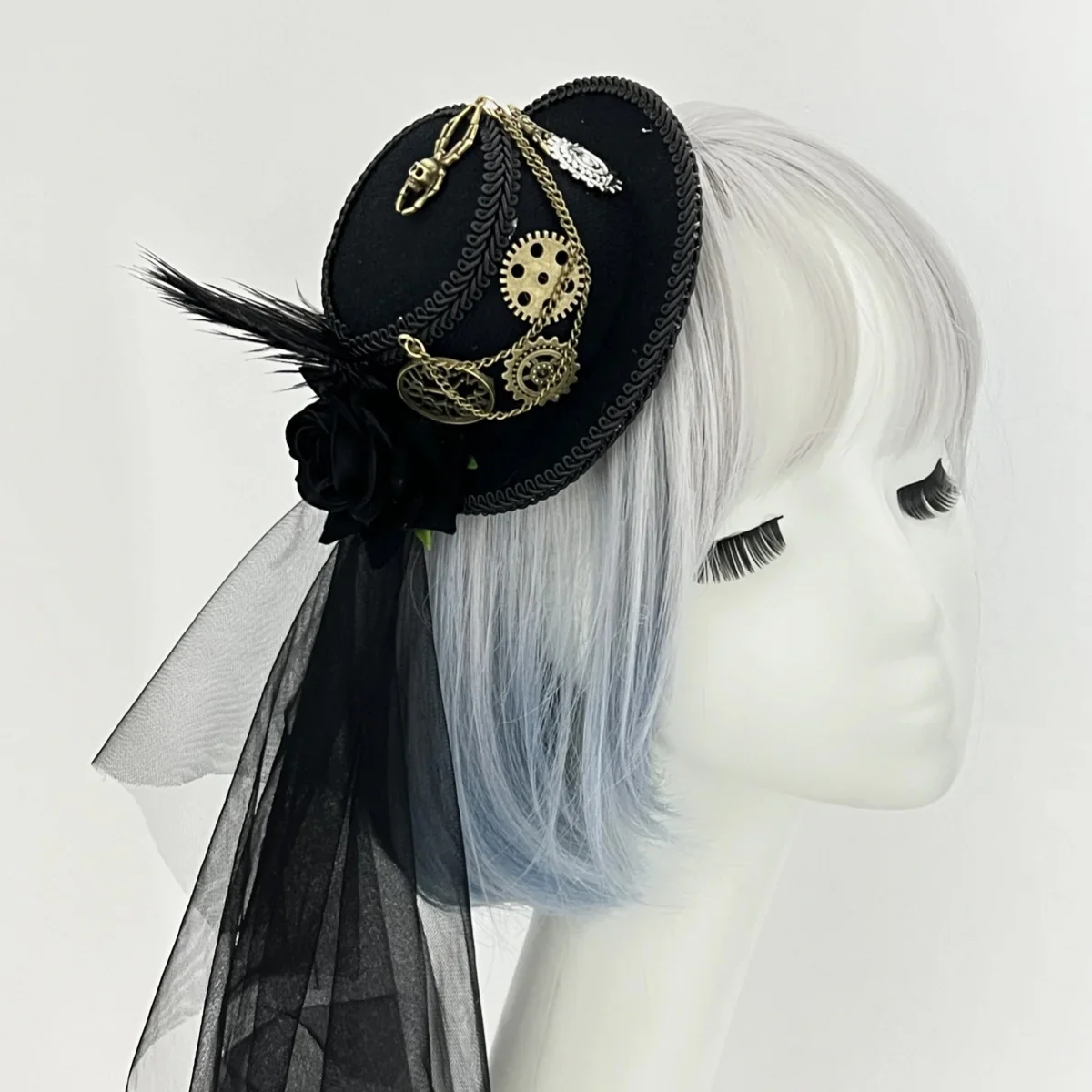 Mini Chapeau Steampunk à Voilette - Cuivre et Engrenages - Image 8