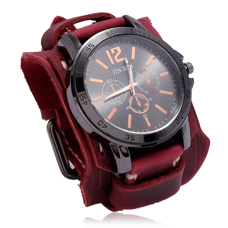 Montre Quartz Homme Cuir Large - Bracelet Vachette Vintage ou Punk - Image 11