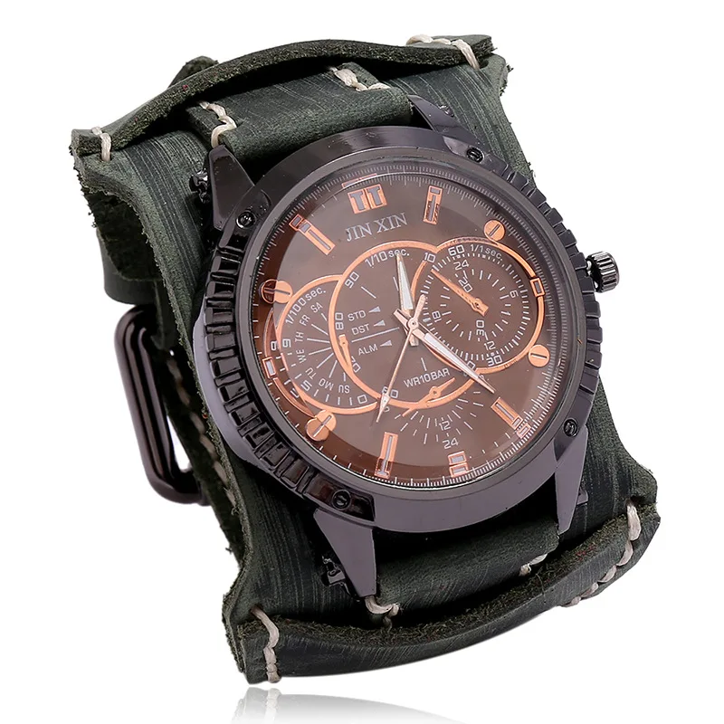 Montre Quartz Homme Cuir Large - Bracelet Vachette Vintage ou Punk - Image 12