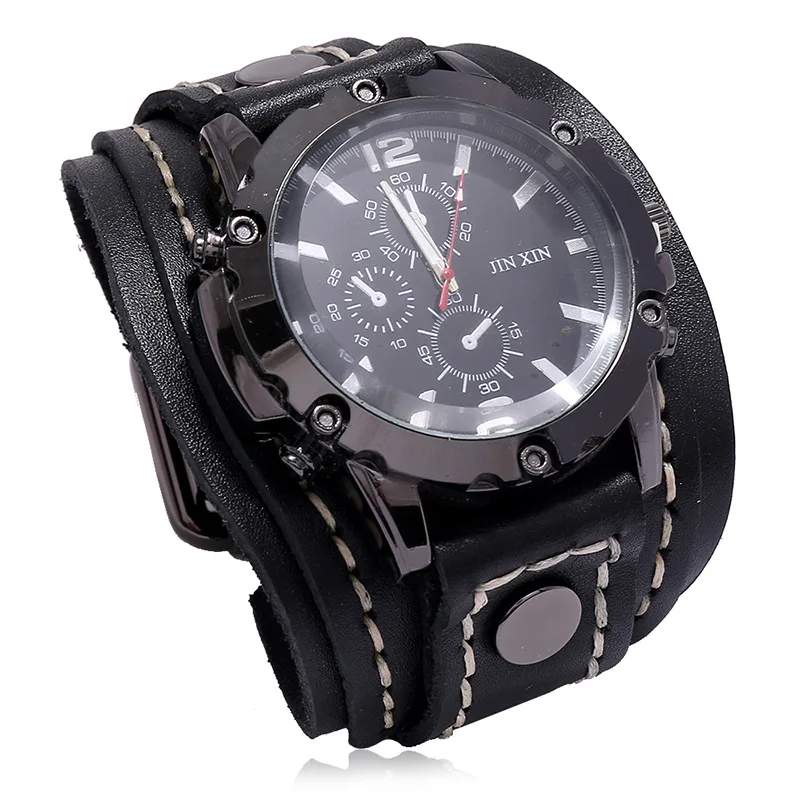 Montre Quartz Homme Cuir Large - Bracelet Vachette Vintage ou Punk - Image 23