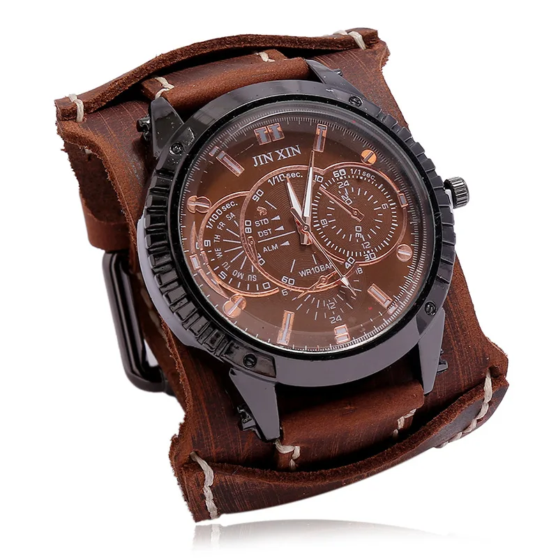 Montre Quartz Homme Cuir Large - Bracelet Vachette Vintage ou Punk - Image 25