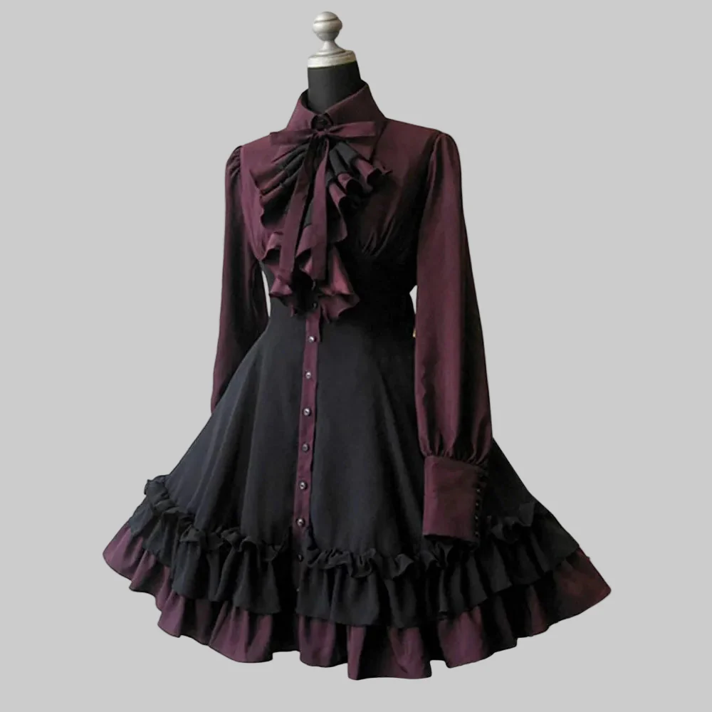 Robe victorienne bordeaux et noire — lavallière, volants et esprit Lolita - Image 4