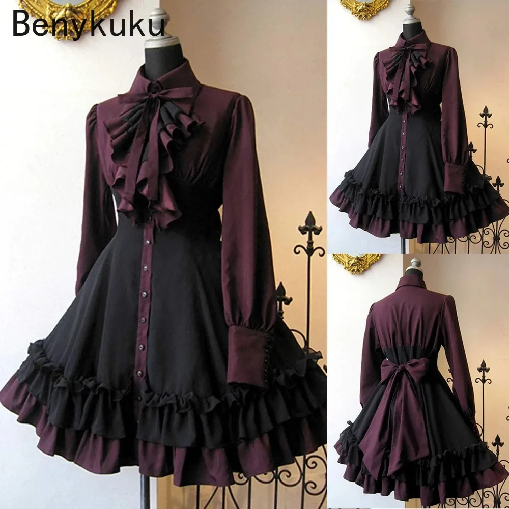 Robe victorienne bordeaux et noire — lavallière, volants et esprit Lolita - Image 5