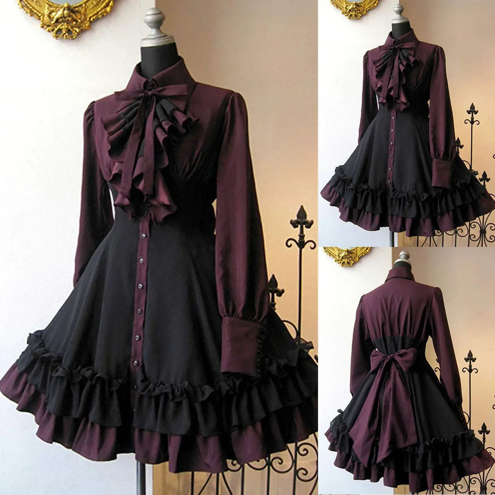 Robe victorienne bordeaux et noire — lavallière, volants et esprit Lolita - Image 6