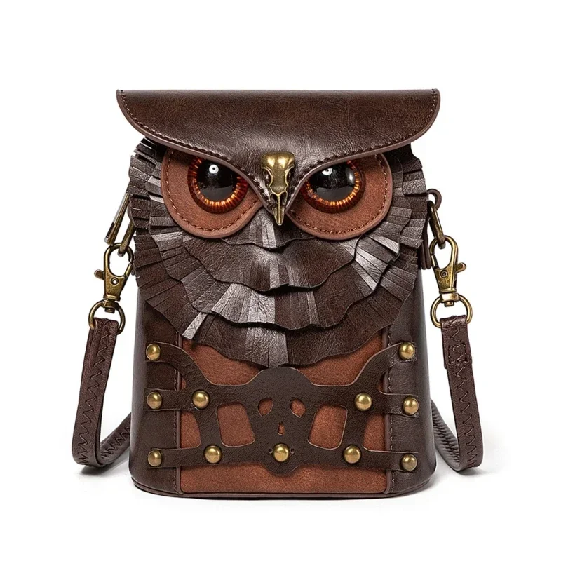 Sac à bandoulière en cuir — Hiboux Steampunk - mini besace rétro