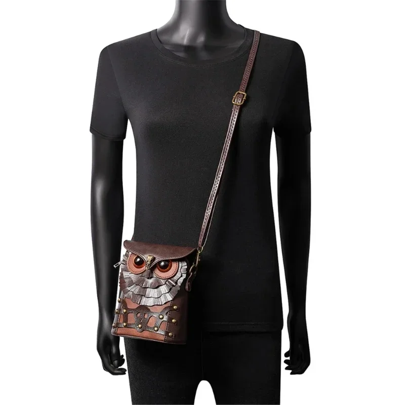 Sac à bandoulière en cuir — Hiboux Steampunk - mini besace rétro - Image 2