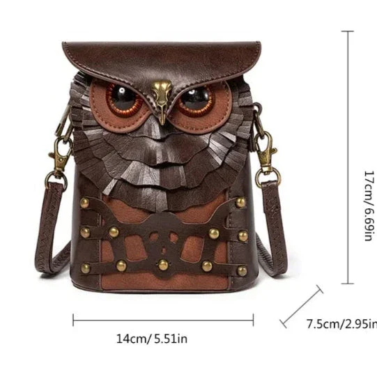 Sac à bandoulière en cuir — Hiboux Steampunk - mini besace rétro - Image 6