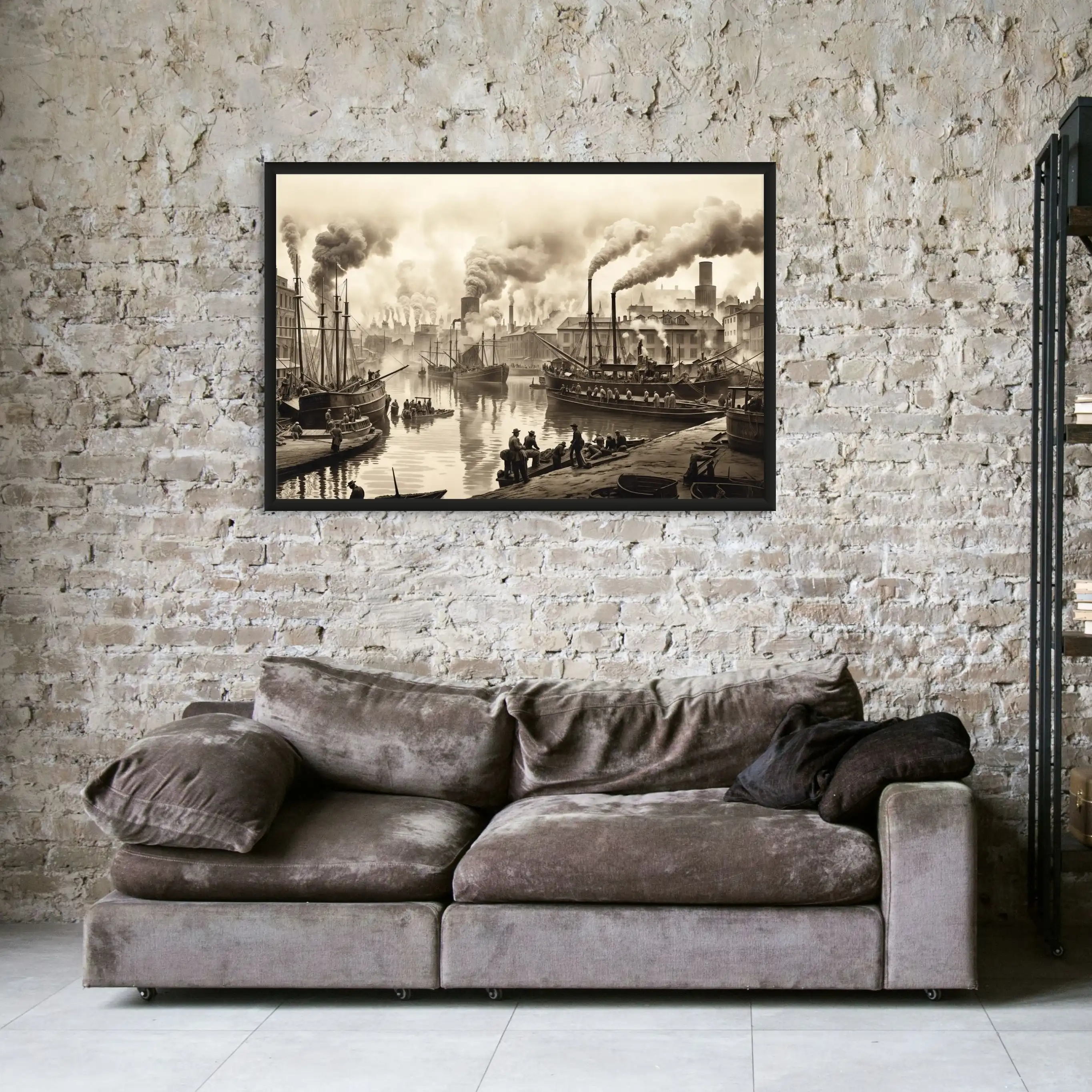 Tableau Vintage Industriel - Port Noir et Blanc Encadré