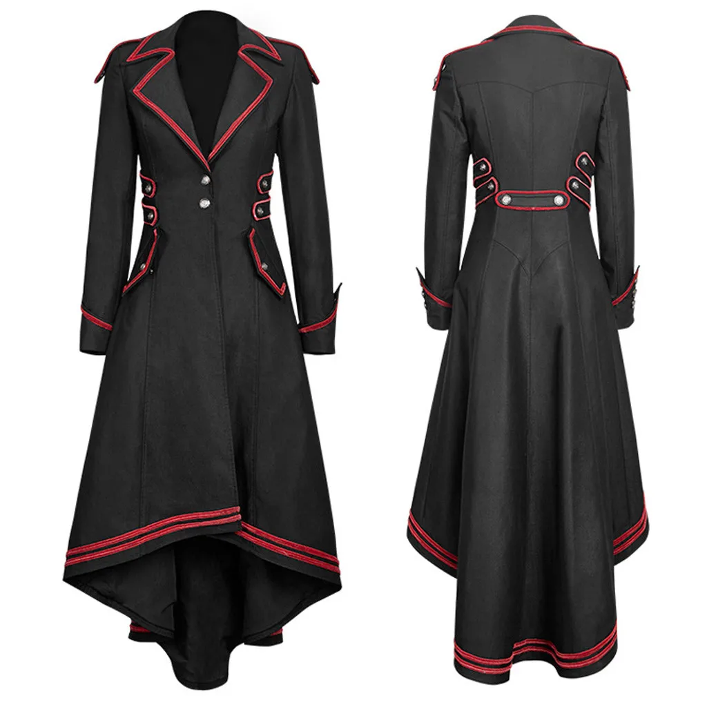 Trench Militaire Victorien Femme - Asymétrique Liserés Rouges Boutons Argent